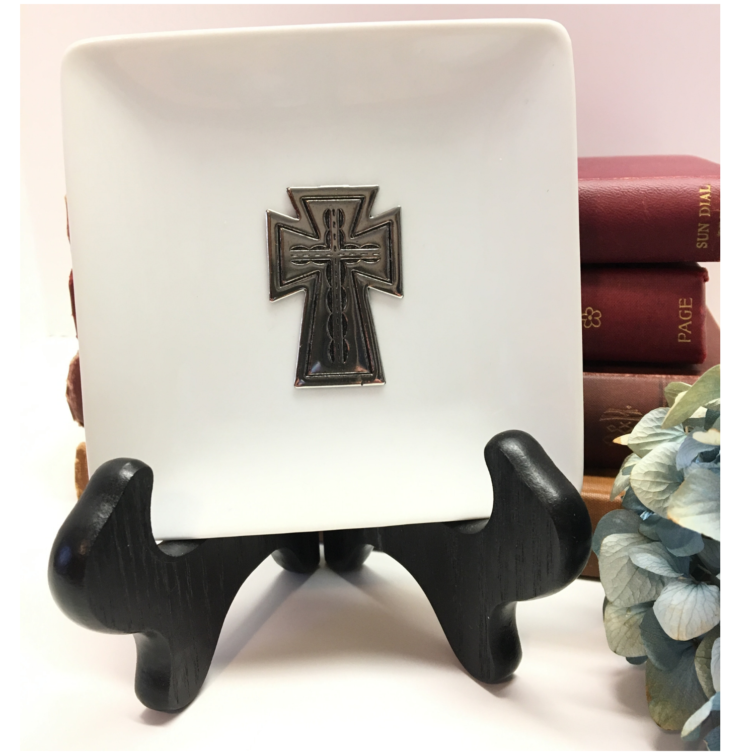 Trinket Tray, White Porcelain Dish,  Silver Cross