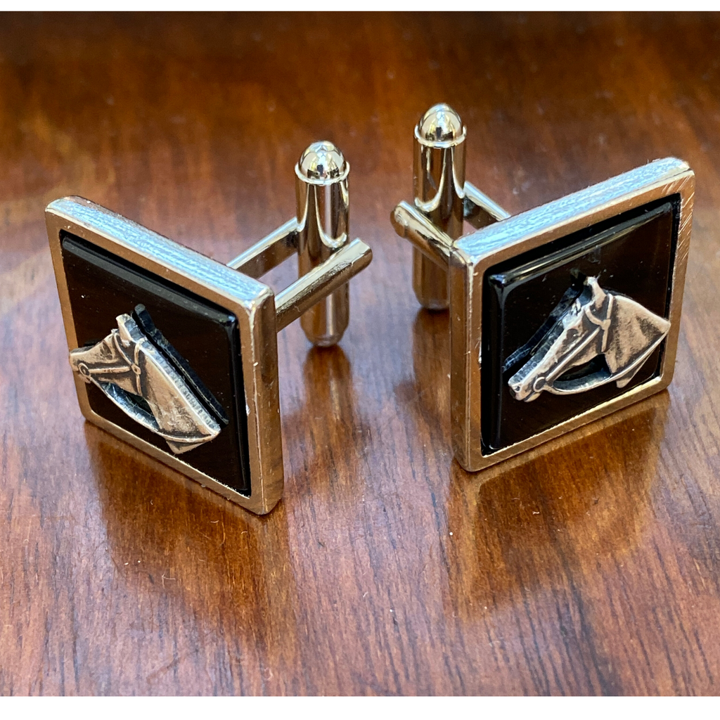 Cuff inks | Silver Horse Head on Black Enamel | Gift for horse lover 