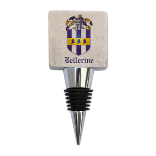 A custom golf theme marble wine bottle stopper with a crest and the word 'Bellerive' on it.