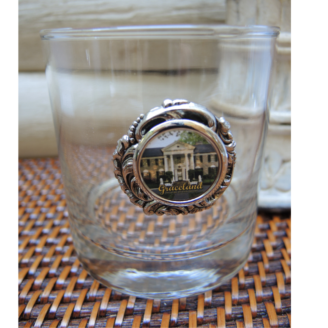 custom bourbon glass with image of Graceland Elvis Presley Enterprises