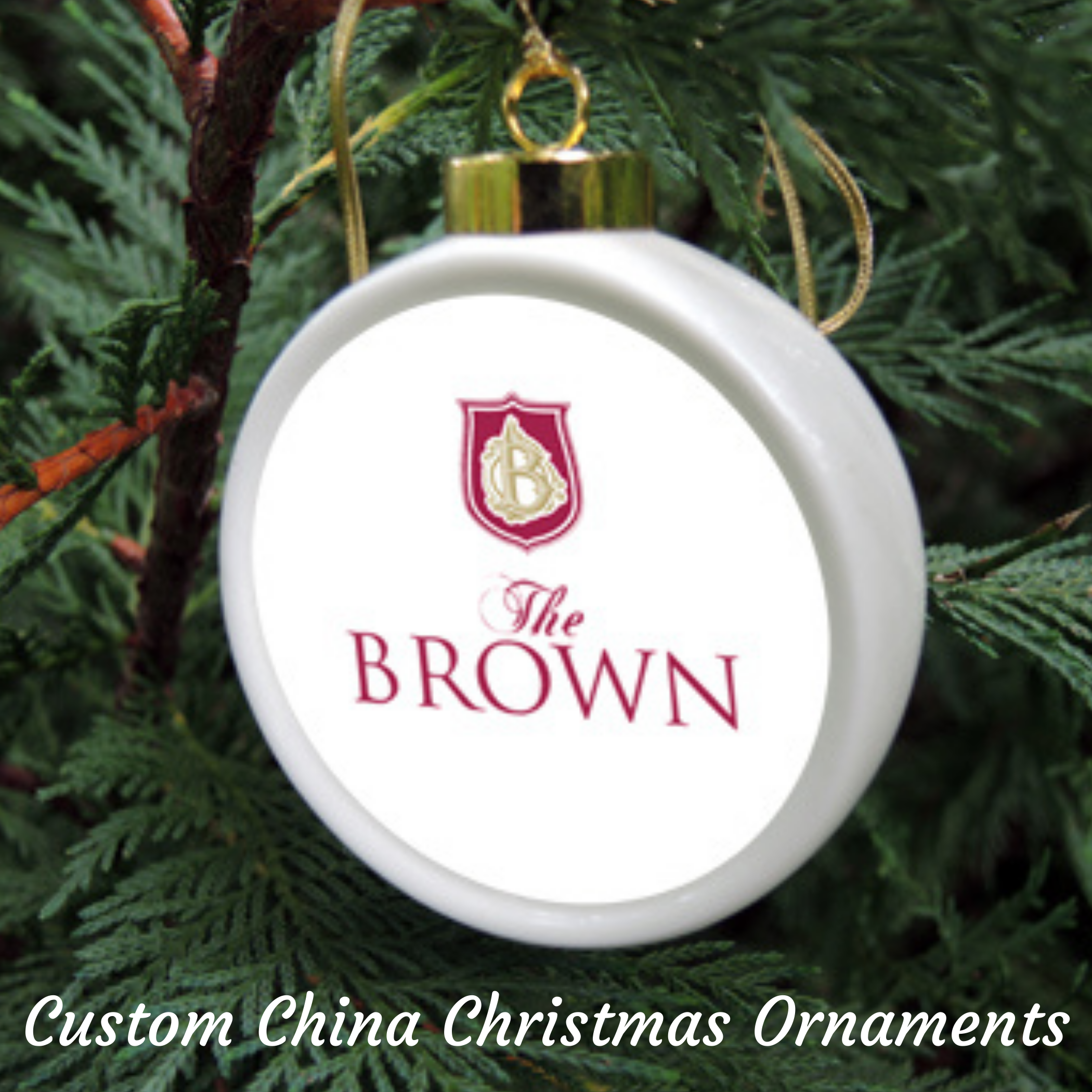 Custom porcelain Christmas ornament featuring The Brown Hotel logo in Louisville, Kentucky.