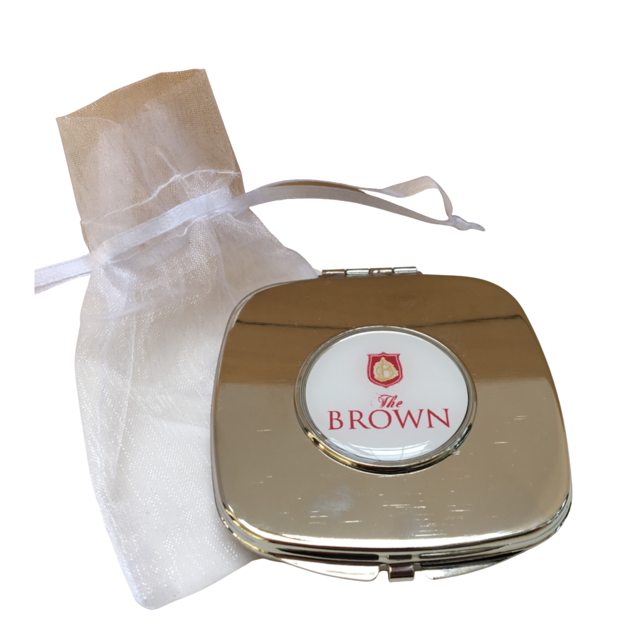 The custom purse mirror by Classic Legacy is a silver plate and features your logo inside a silver setting..  Open the mirror up, and you will find two mirrors.  One is single magnification, and the other is double magnification.  The mirror comes in a pouch.  This makes a great custom  logo gift.