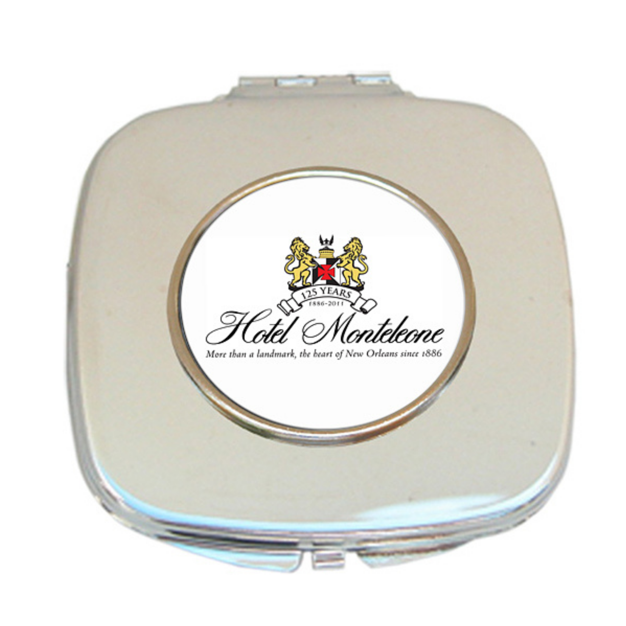 The custom purse mirror by Classic Legacy is a silver plate and features your logo inside a silver setting. Open the mirror up, and you will find two mirrors.  One is single magnification, and the other is double magnification.  The mirror comes in a pouch.  This makes a great custom gift.