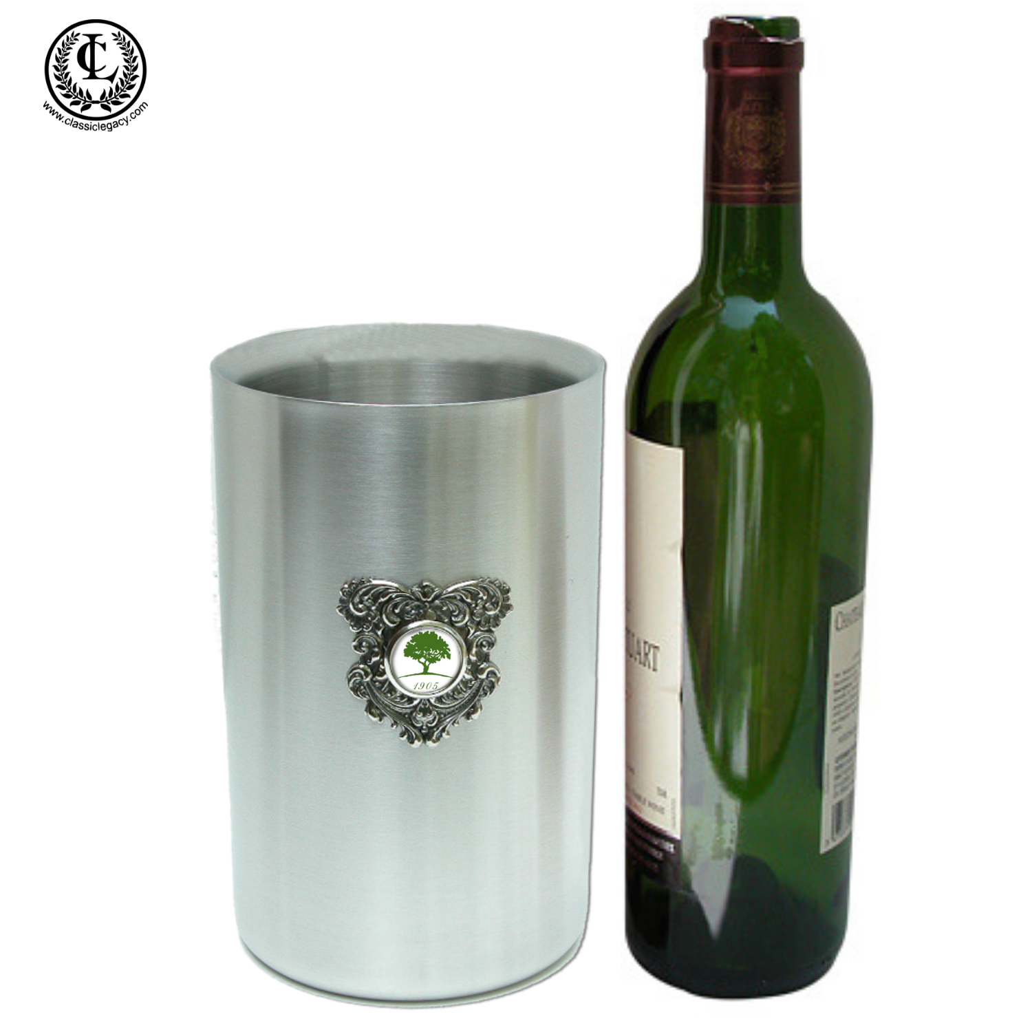 The Classic Legacy stainless steel wine cooler is embellished with a large silver medallion that features a custom logo setting in the center.  This is an elegant corporate event gift.
