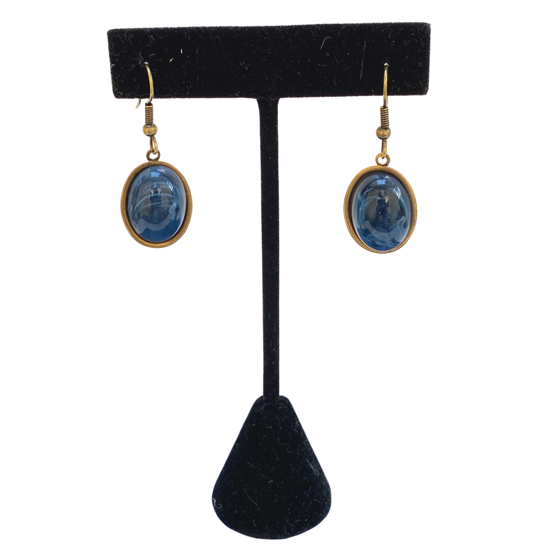 Earrings on black suede holder antique gold with faux lapis setting