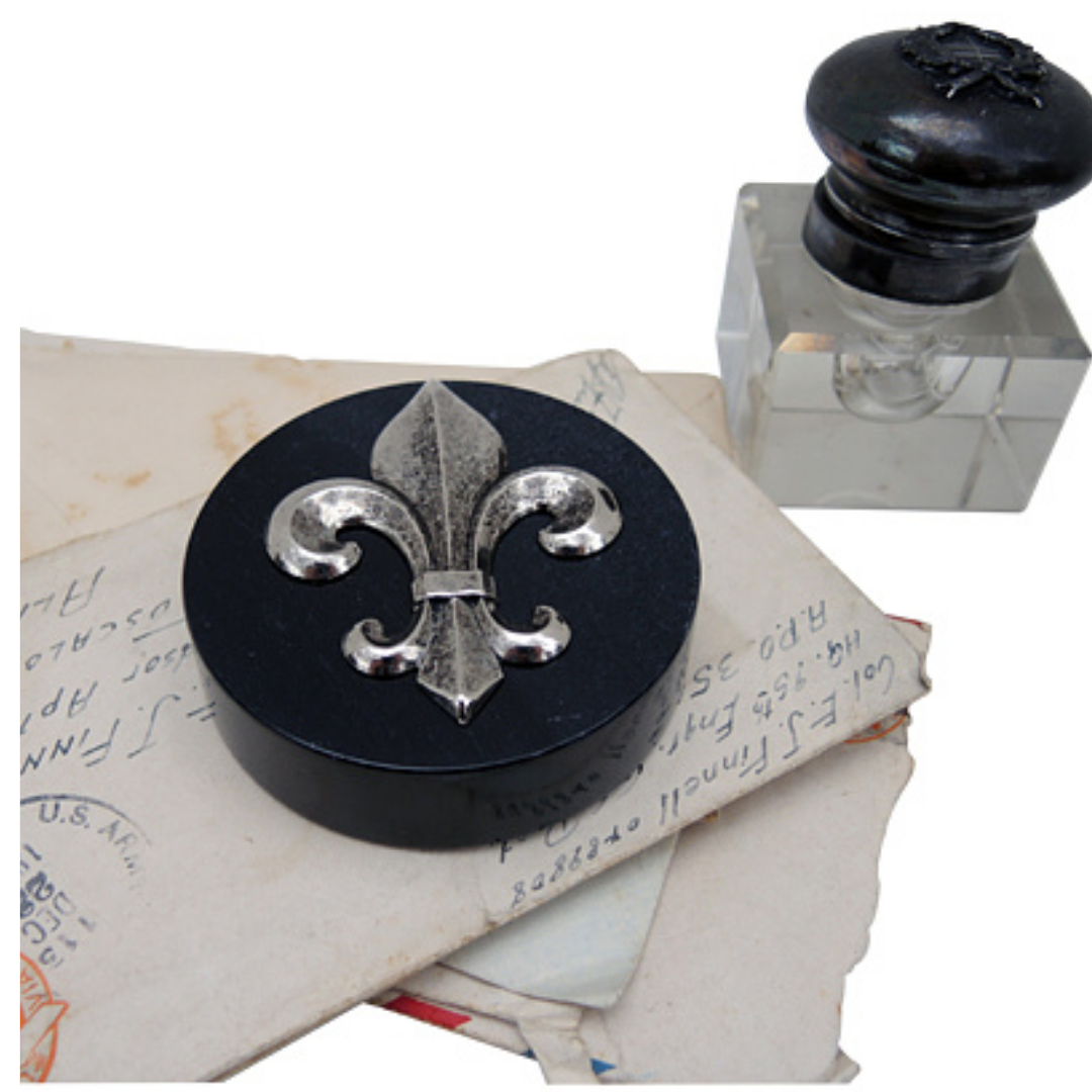 Paperweight,  Black Marble,  Silver Fleur de lis