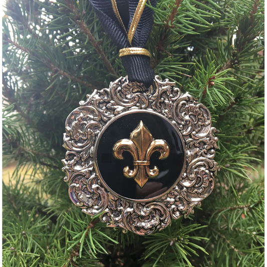 Christmas Ornament, Silver Fleur Black and Gold
