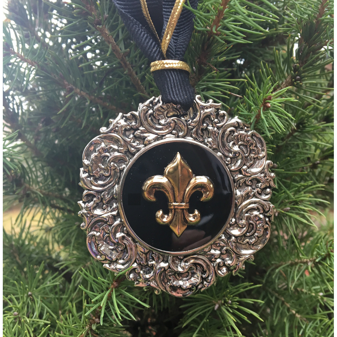 Christmas Ornament, Silver Fleur Black and Gold