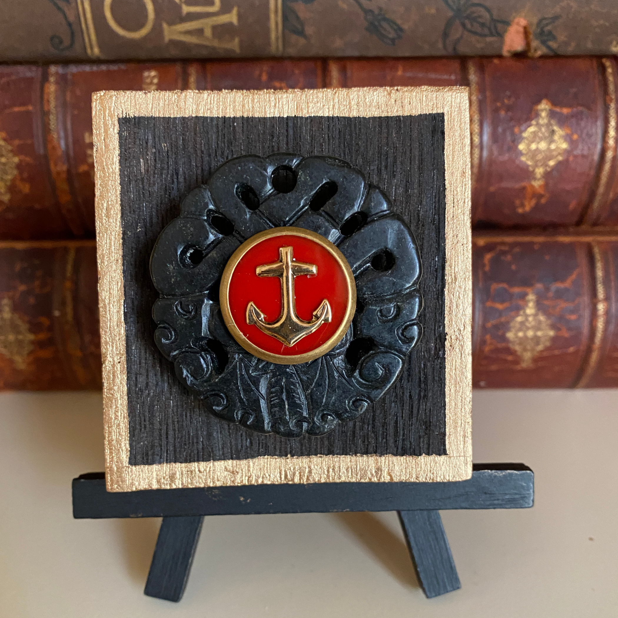 Anchor Wooden Art, Bourbon Barrel Wood, Gold Anchor, Red Enamel, Carved Jade