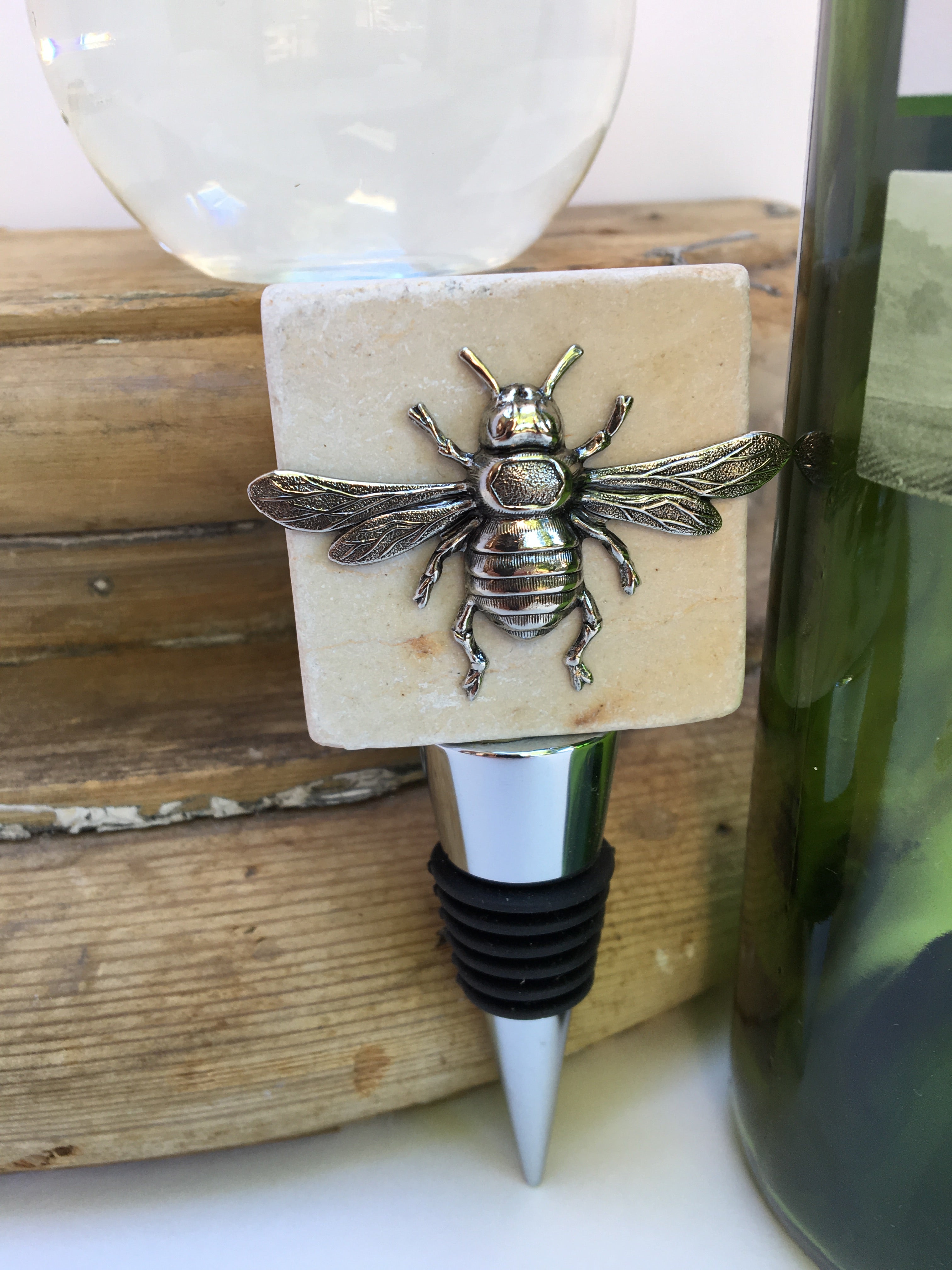 Marble Bottle Stopper, Silver Bee, Gift for Bee Lover