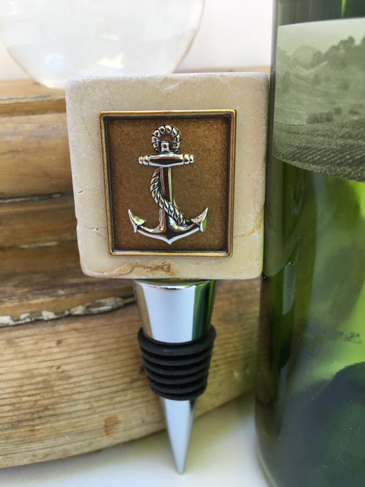 Marble Bottle Stopper,  Silver Anchor, Beach Gift, Birthday Gift