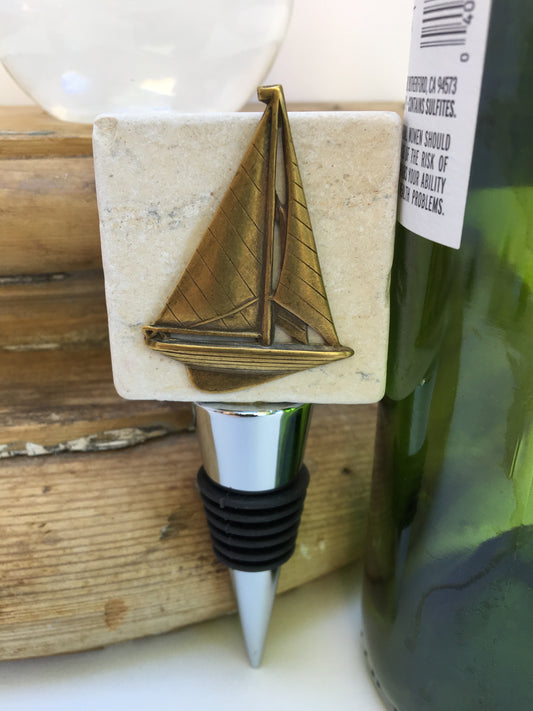 Marble Bottle Stopper, Silver & Antique Brass Vintage Sailboat, Sailor Gift, Beach Gift