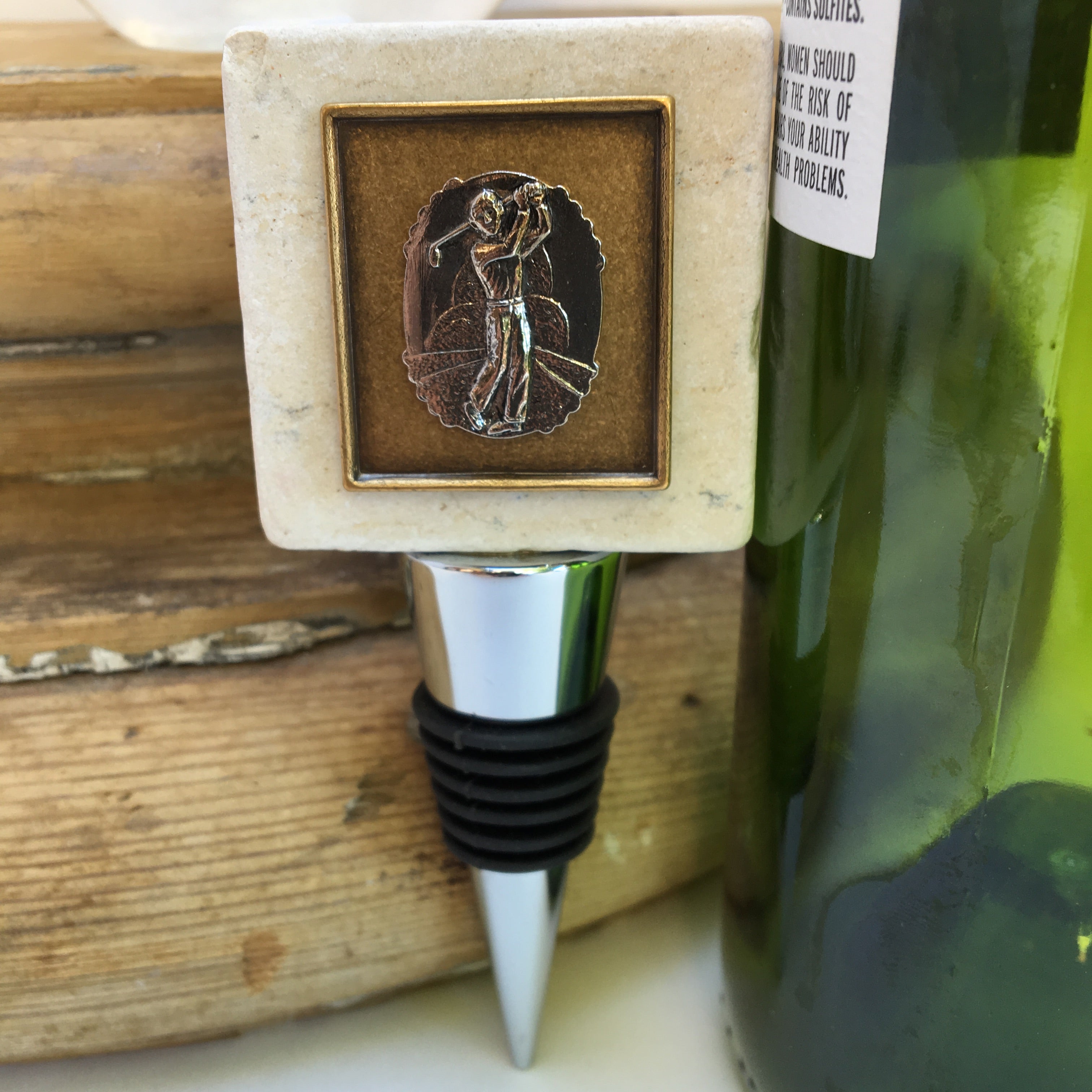 Bottle Stopper, Marble, Silver Golf Medallion, Gift for Golfer