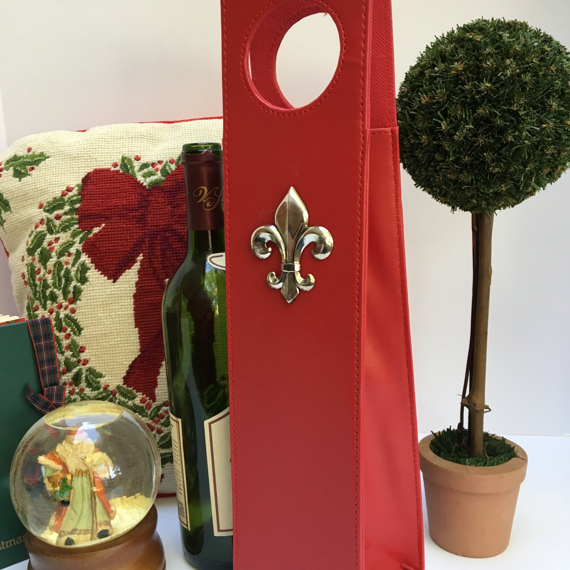 Beverage Carrier,  Red Faux Leather,  Silver Fleur de Lis