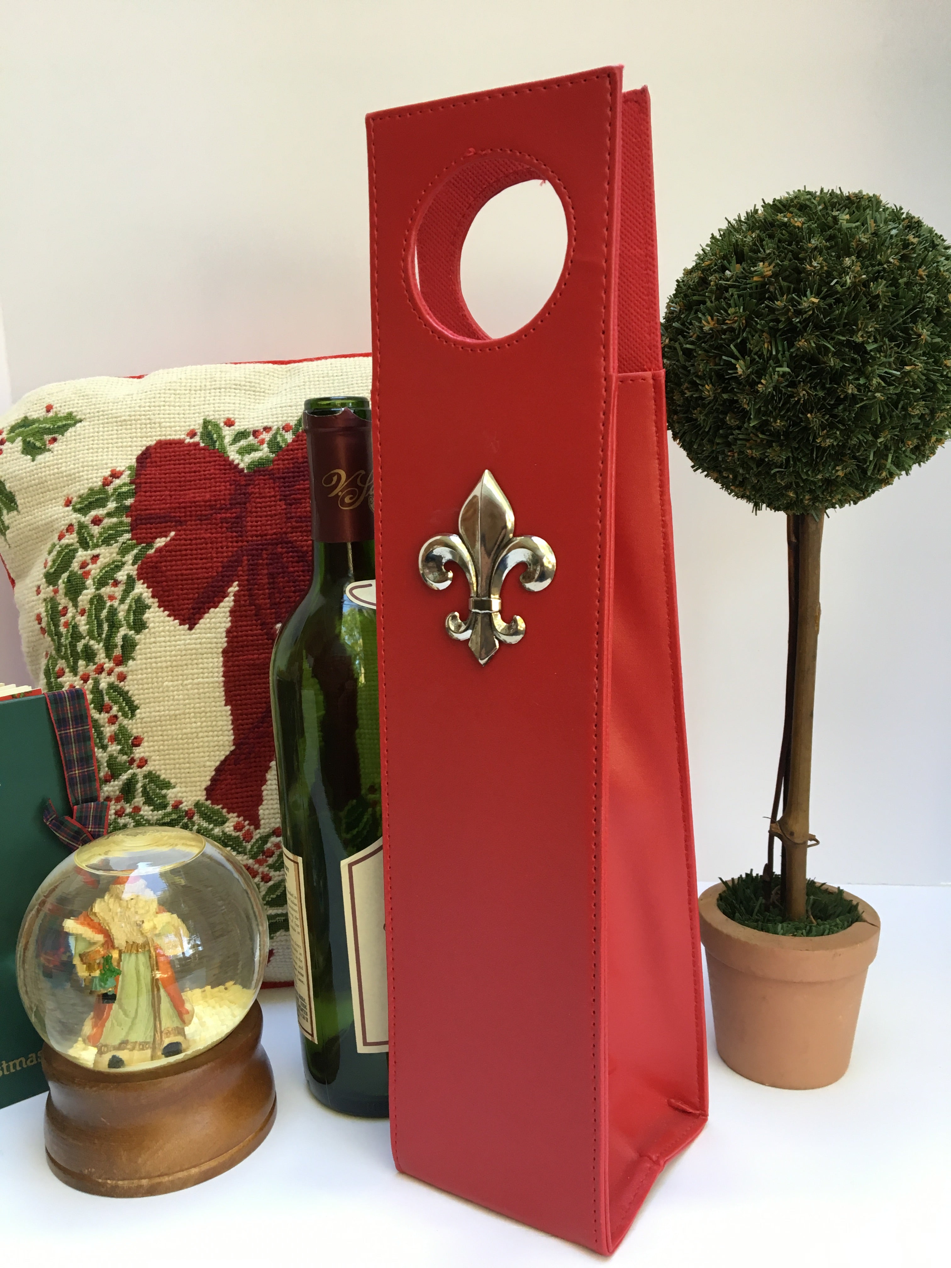 Beverage Carrier,  Red Faux Leather,  Silver Fleur de Lis