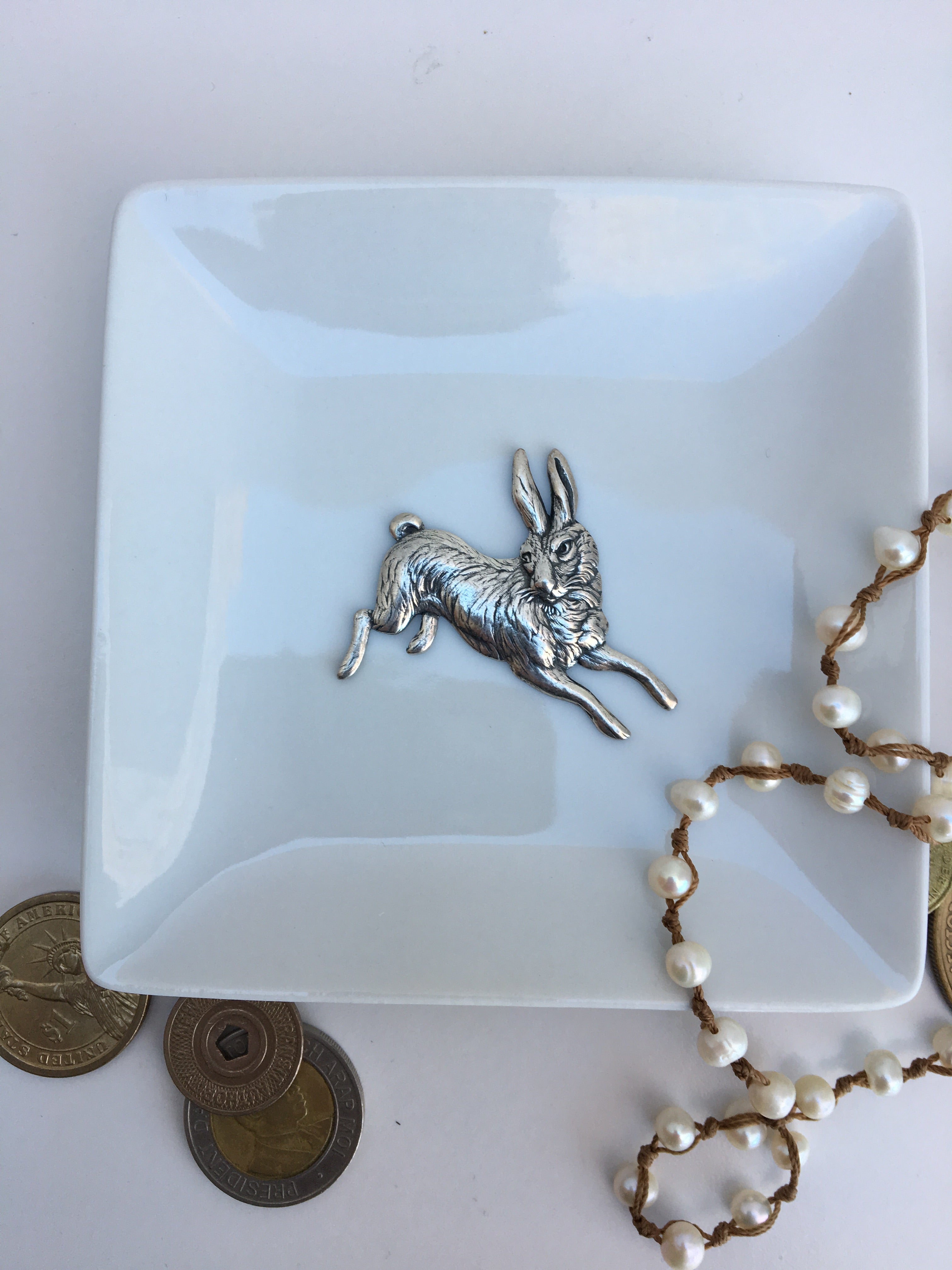 Trinket Tray, White Porcelain Dish,  Silver Rabbit