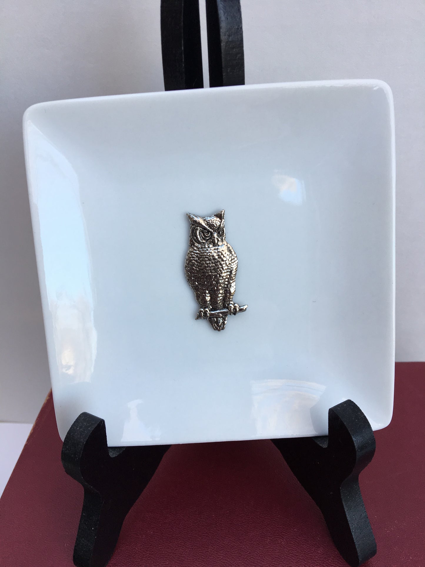 Trinket Tray, White Porcelain Dish, Silver Owl Medallion