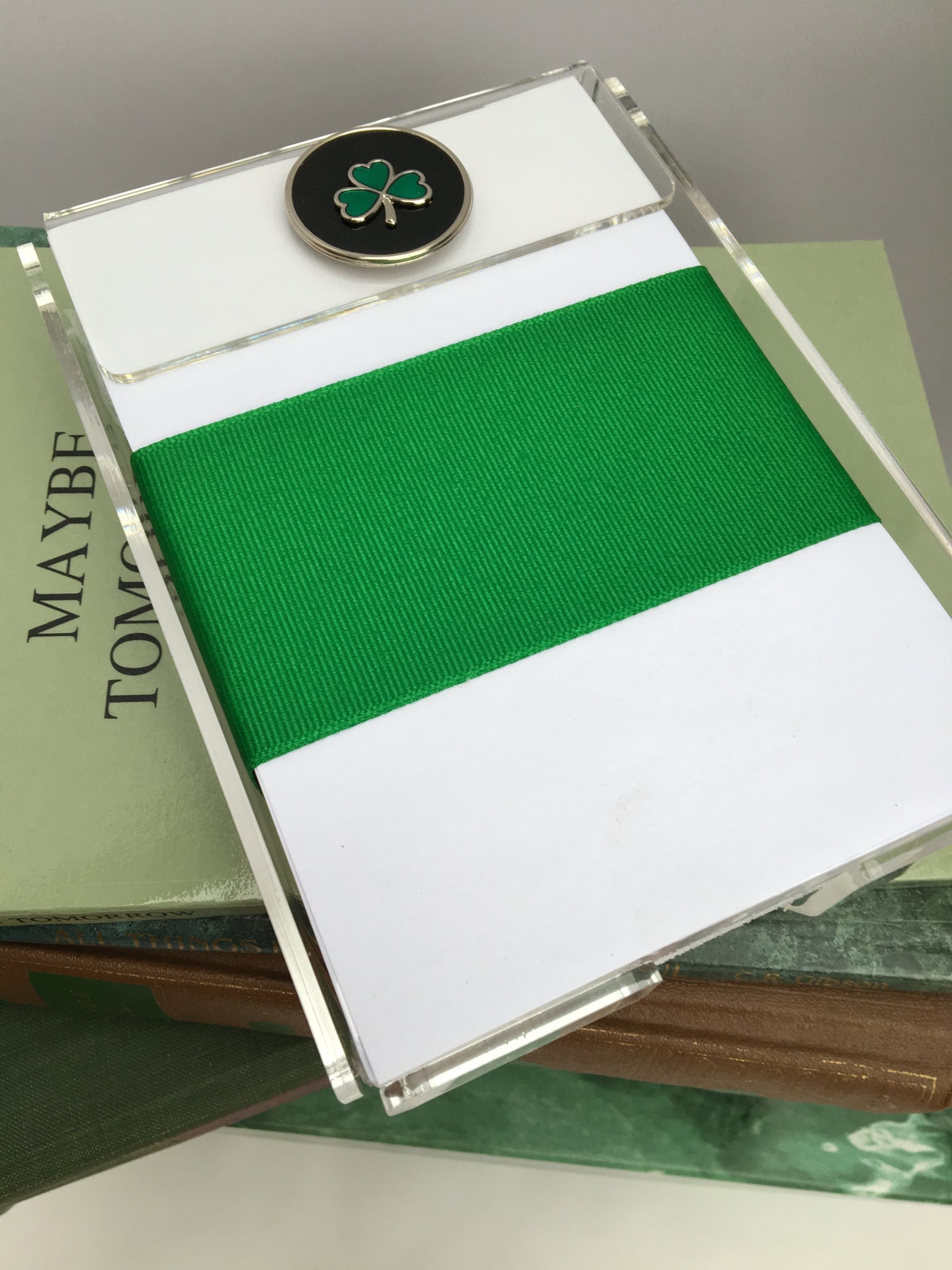 Notepad,  Irish Shamrock, Acrylic Holder, White Paper