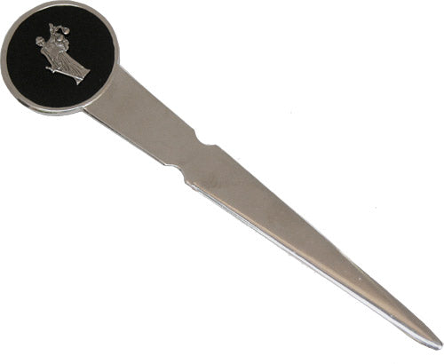 Law theme letter opener with Lady Justice medallion