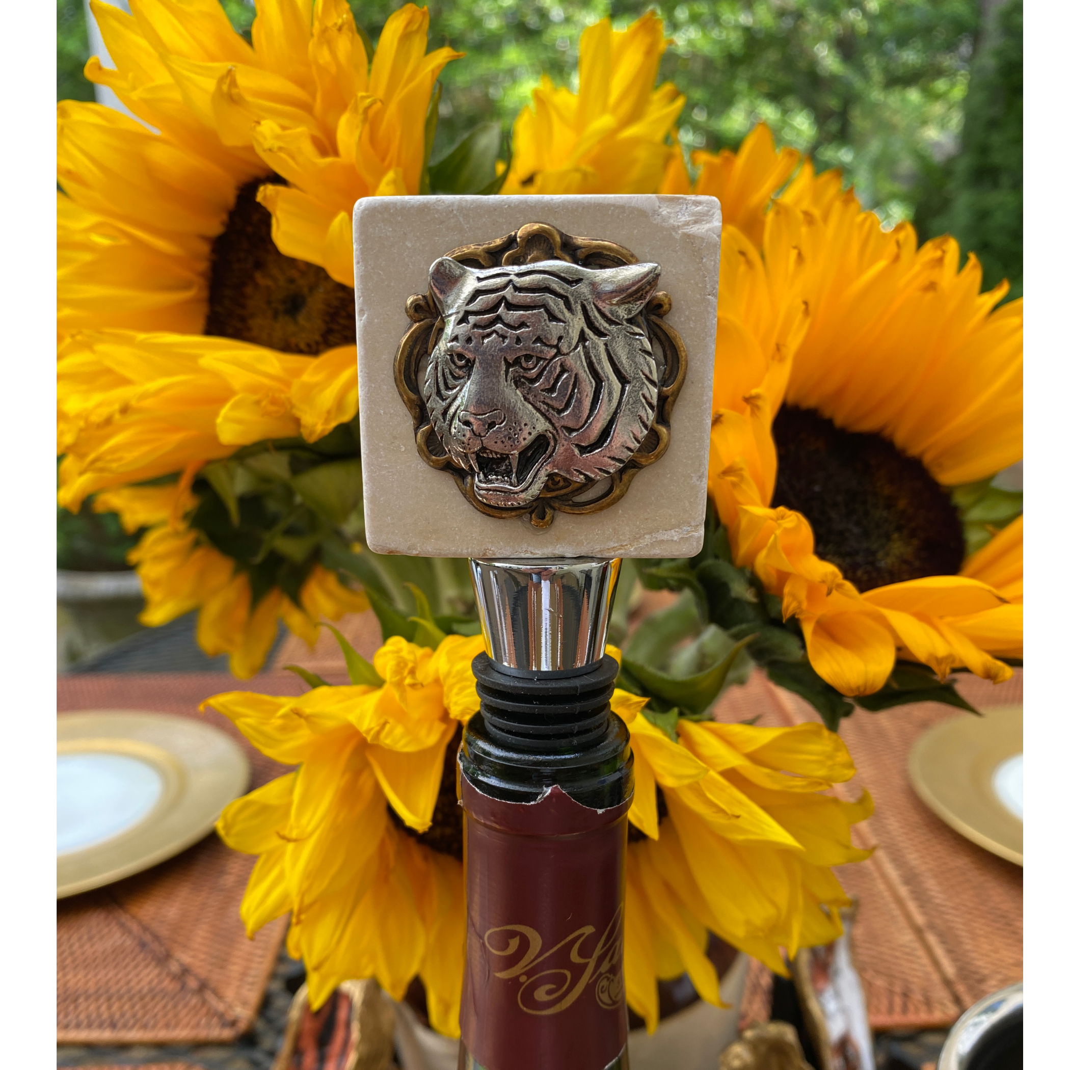 Marble Bottle Stopper with Silver Tiger | Gift for Tiger Fan