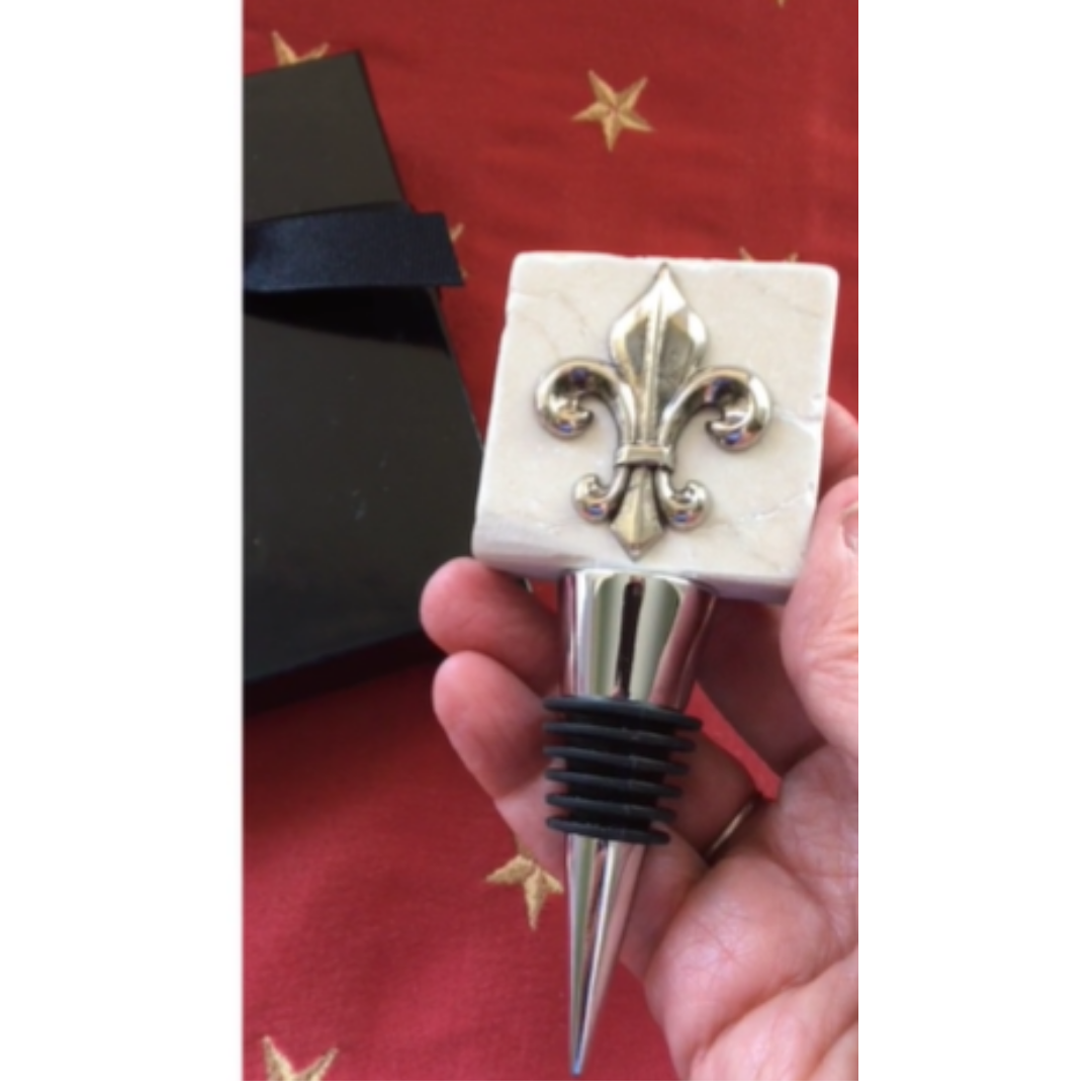 Bottle Stopper Marble,  Silver Fleur De Lis Medallion, Birthday Gift