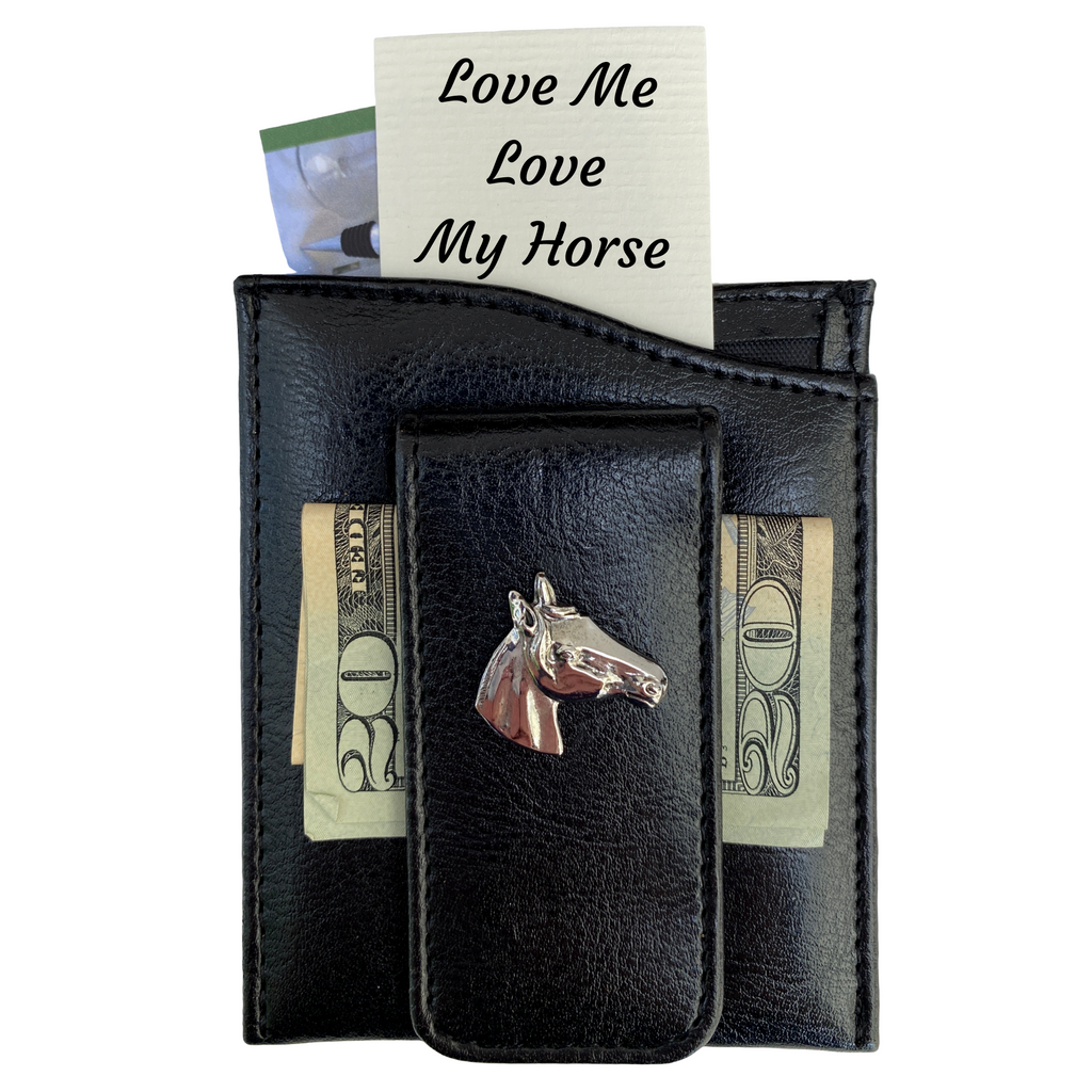 Black faux leather money clip with silver horse head.   It holds business cards, credit cards, and cash.  Great gift for horse lover.
