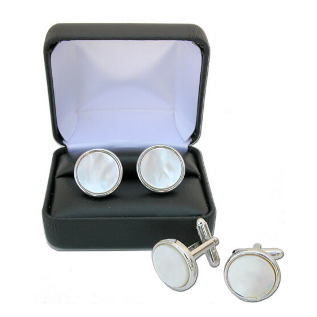 Cuff Links Silver Round with Mother of Pearl