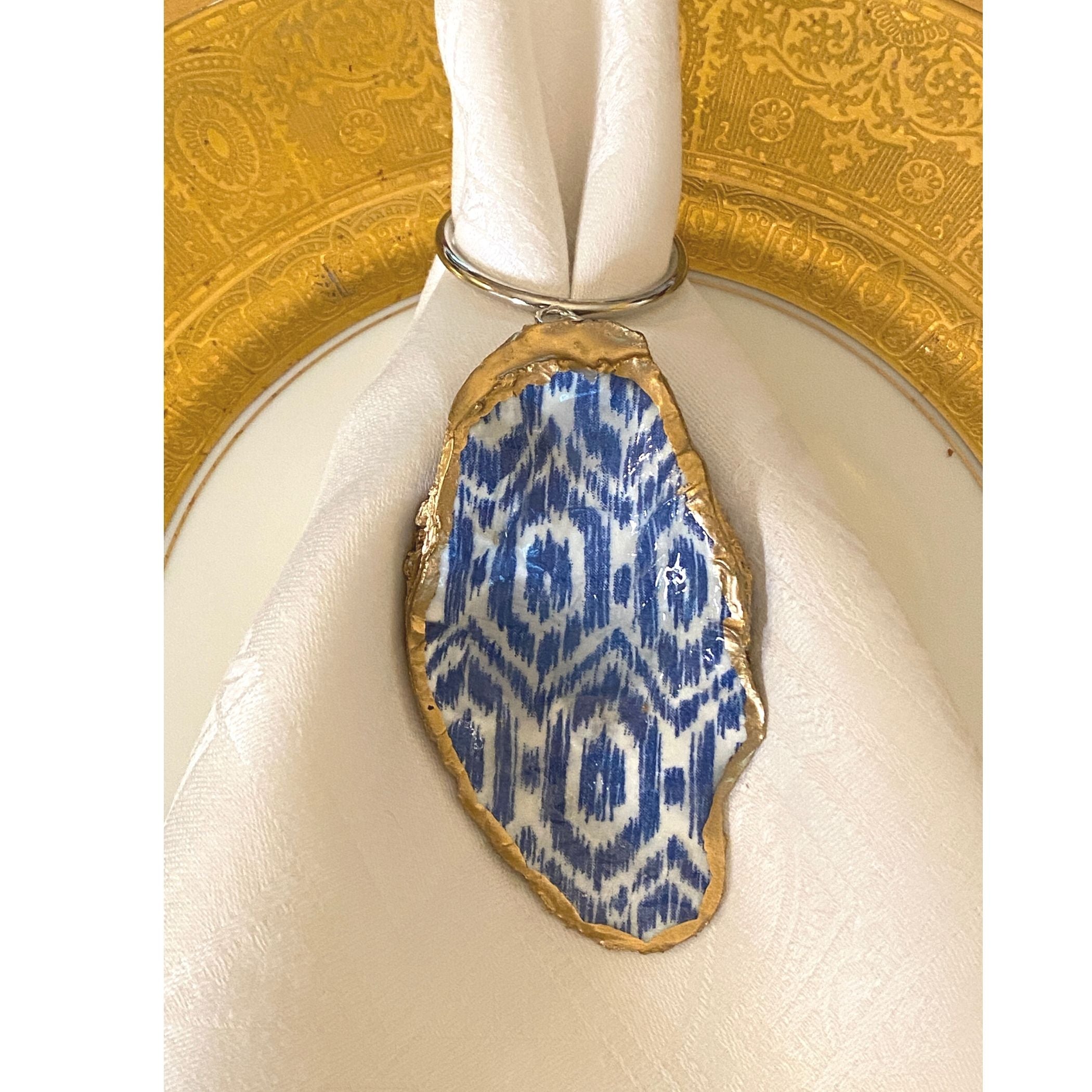 Oyster Shell Art Napkin Ring Blue Ikat Design