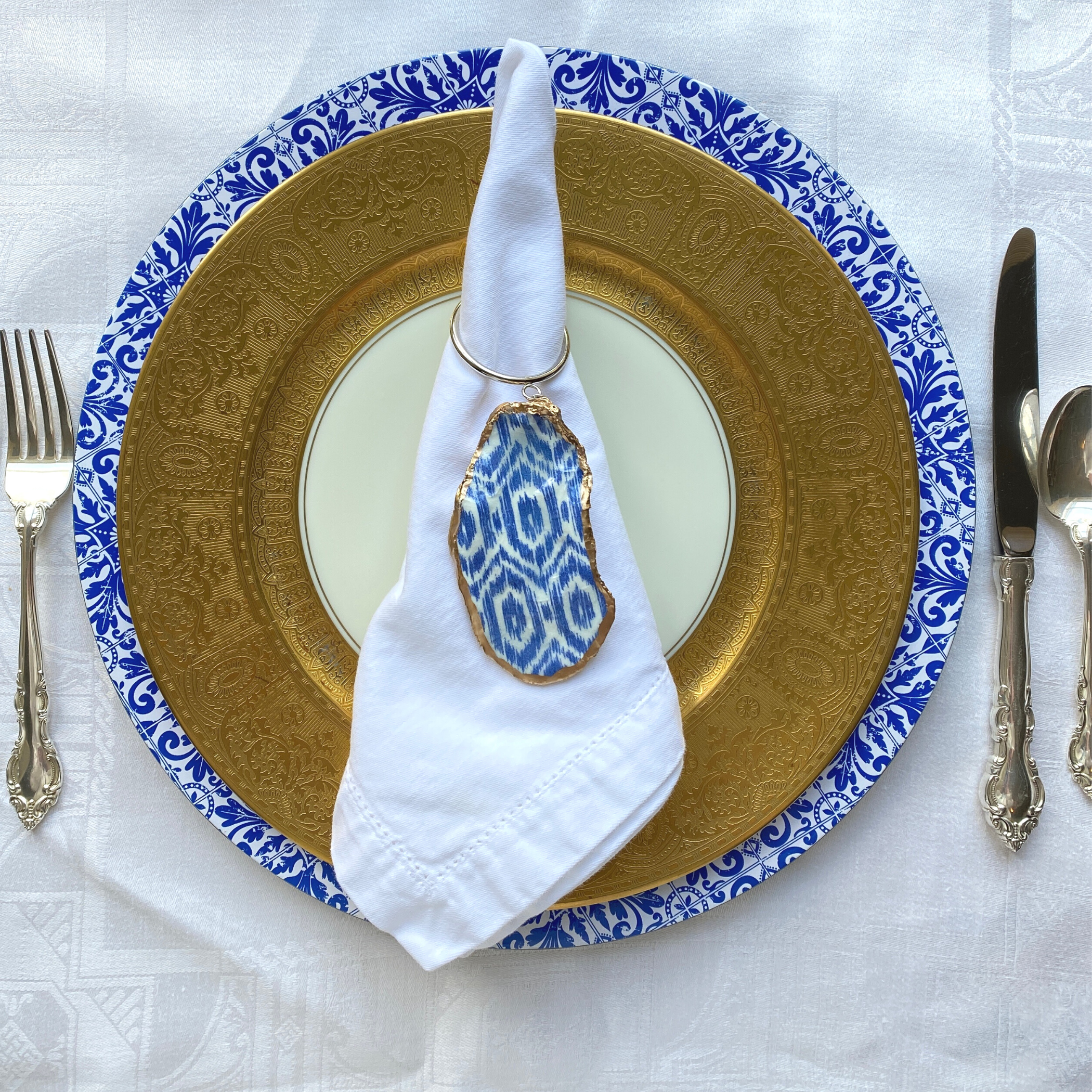 Oyster Shell Art Napkin Ring Blue Ikat Design