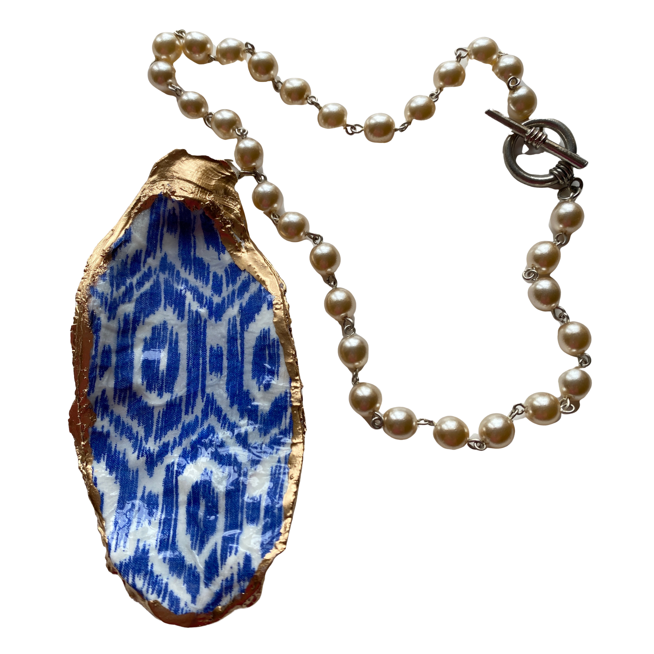 Oyster Shell Necklace Blue Ikat and Pearls