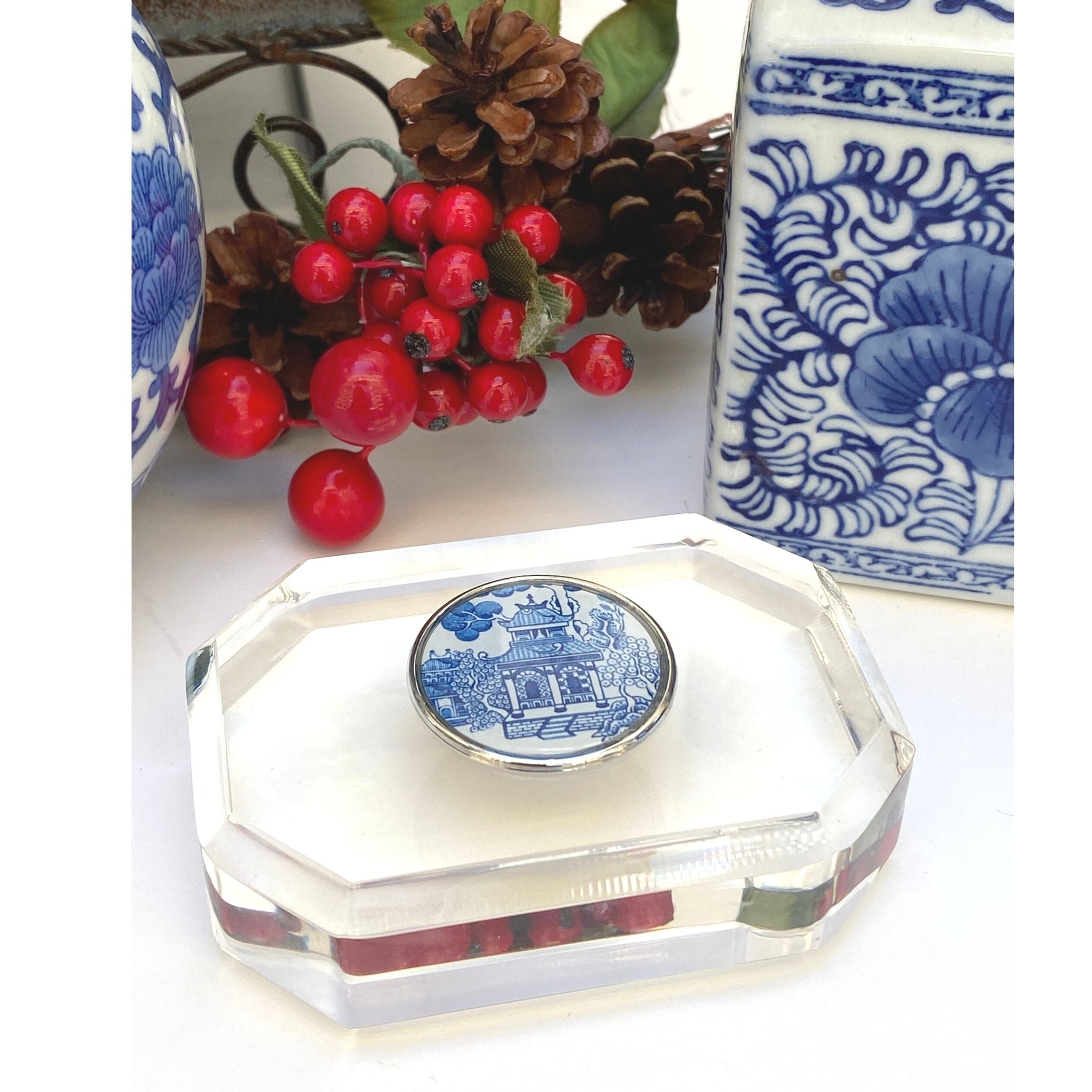 Paperweight, Acrylic, Blue and White Chinoiserie Design