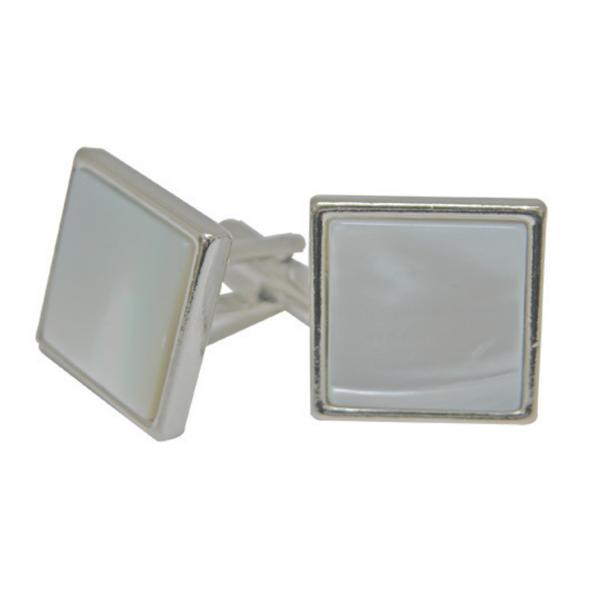 A pair of square-shaped Mother of Pearl cufflinks with a metallic silver setting.