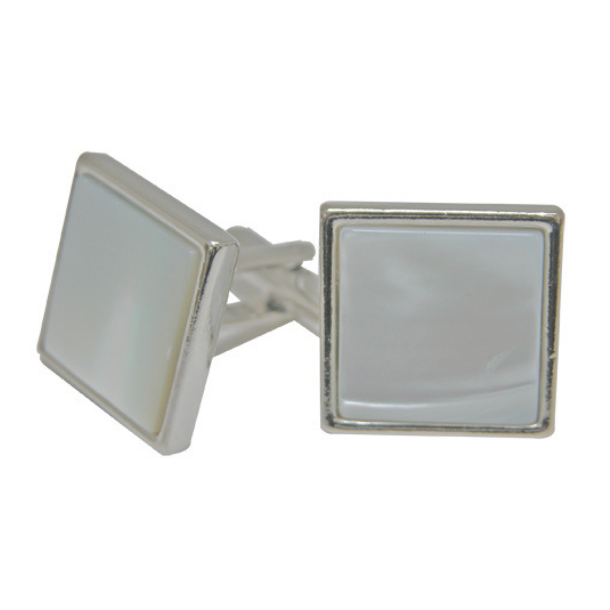 A pair of square-shaped Mother of Pearl cufflinks with a metallic silver setting.
