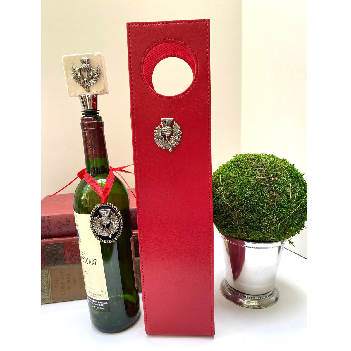 Red Wine Carrier with Silver Thistle Gift for Scottish Fan