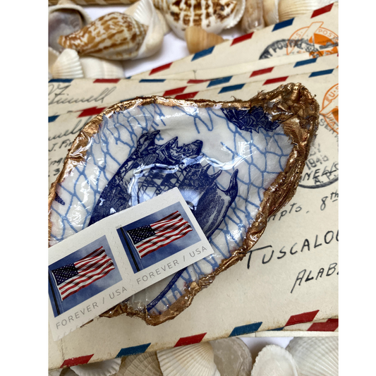 Oyster Shell Art,  Sea Shell Art, Blue and White, Hostess Gift