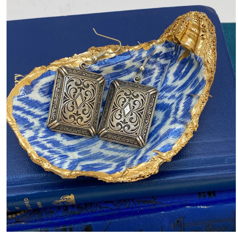 Silver Dangle Earrings Edwardian Rectangle Shape shown in Oyster Shell Jewelry Dish