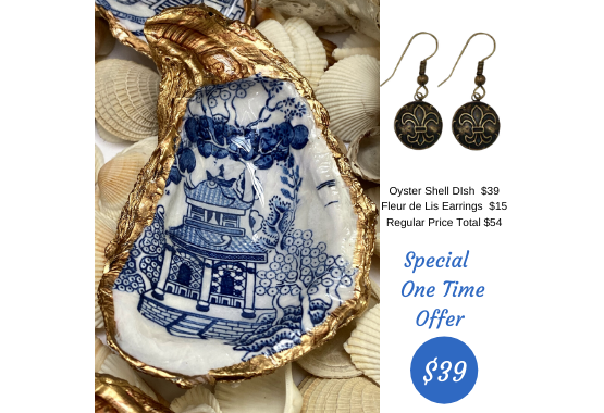 Special One Time Offer Oyster Shell Dish and Fleur de lis earrings