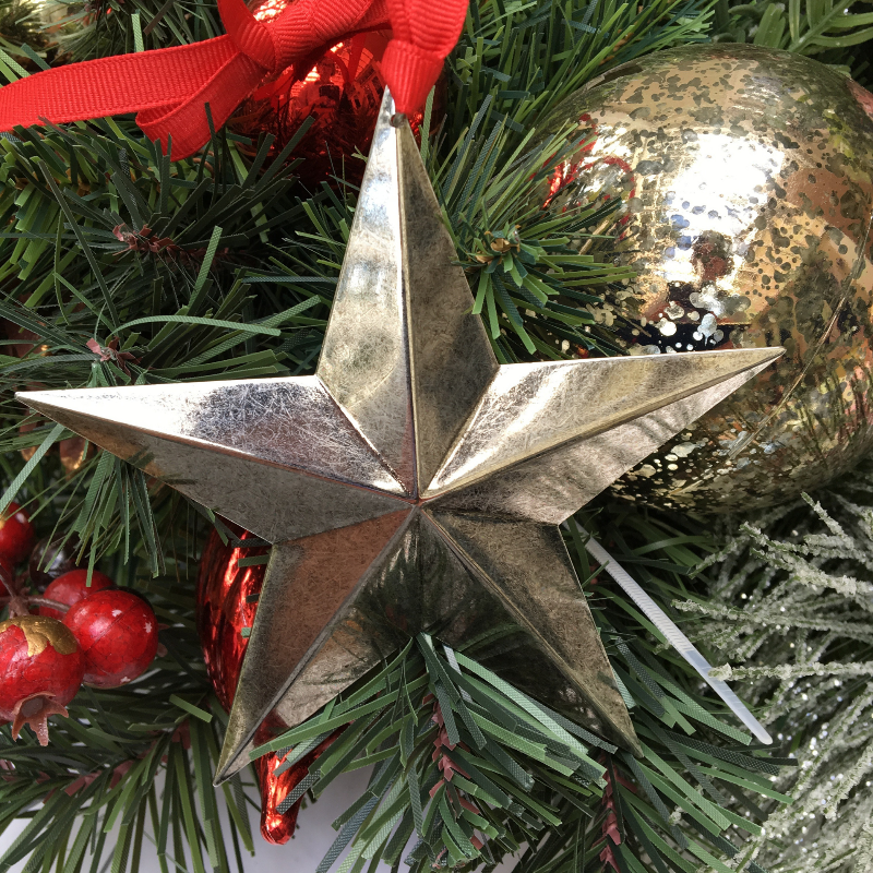 XLG Silver Star Christmas Ornament tied with Red Grosgrain ribbon