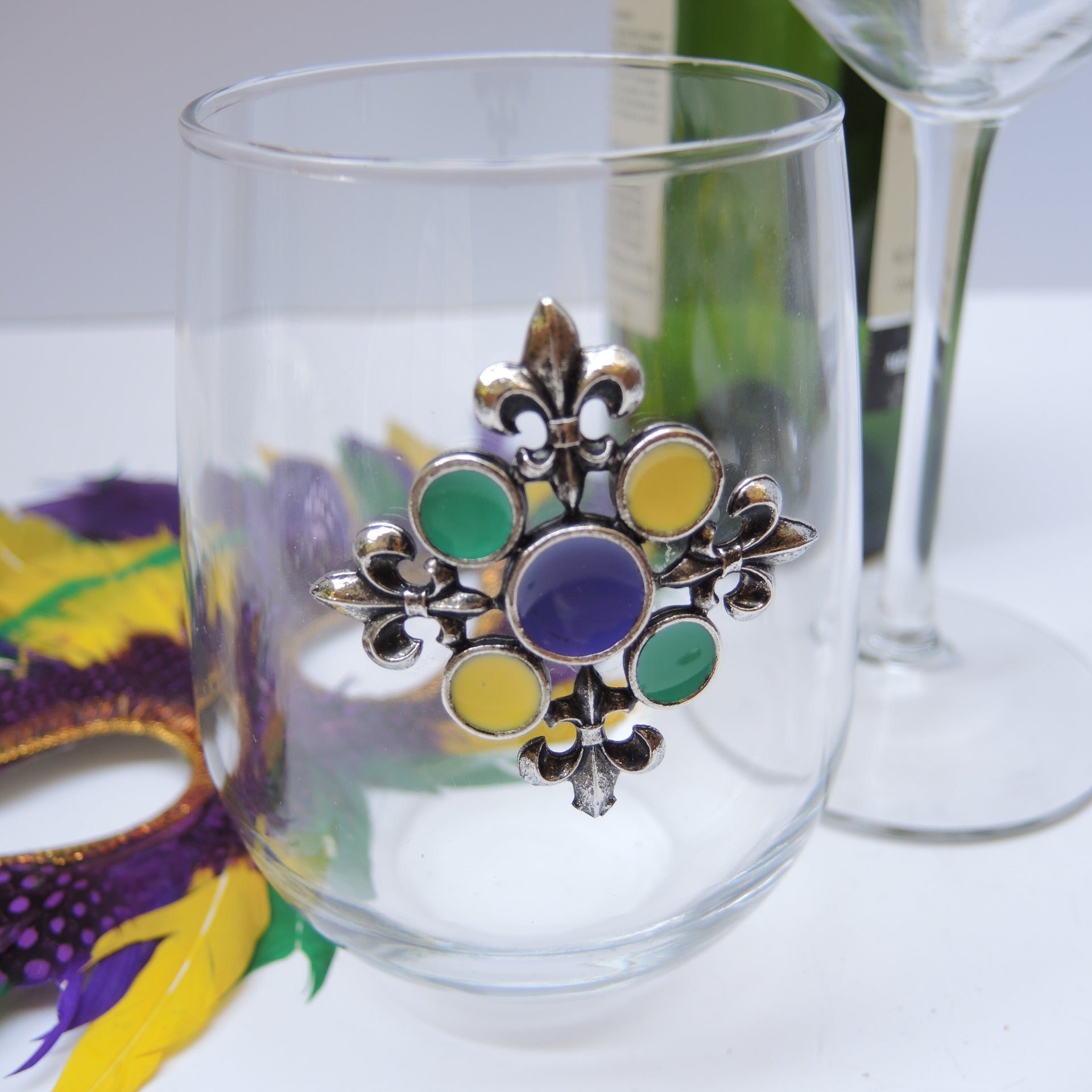 Stemless Glass, Silver Medallion, Mardi Gras Gift