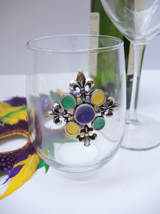 Stemless Glass, Silver Medallion, Mardi Gras Gift