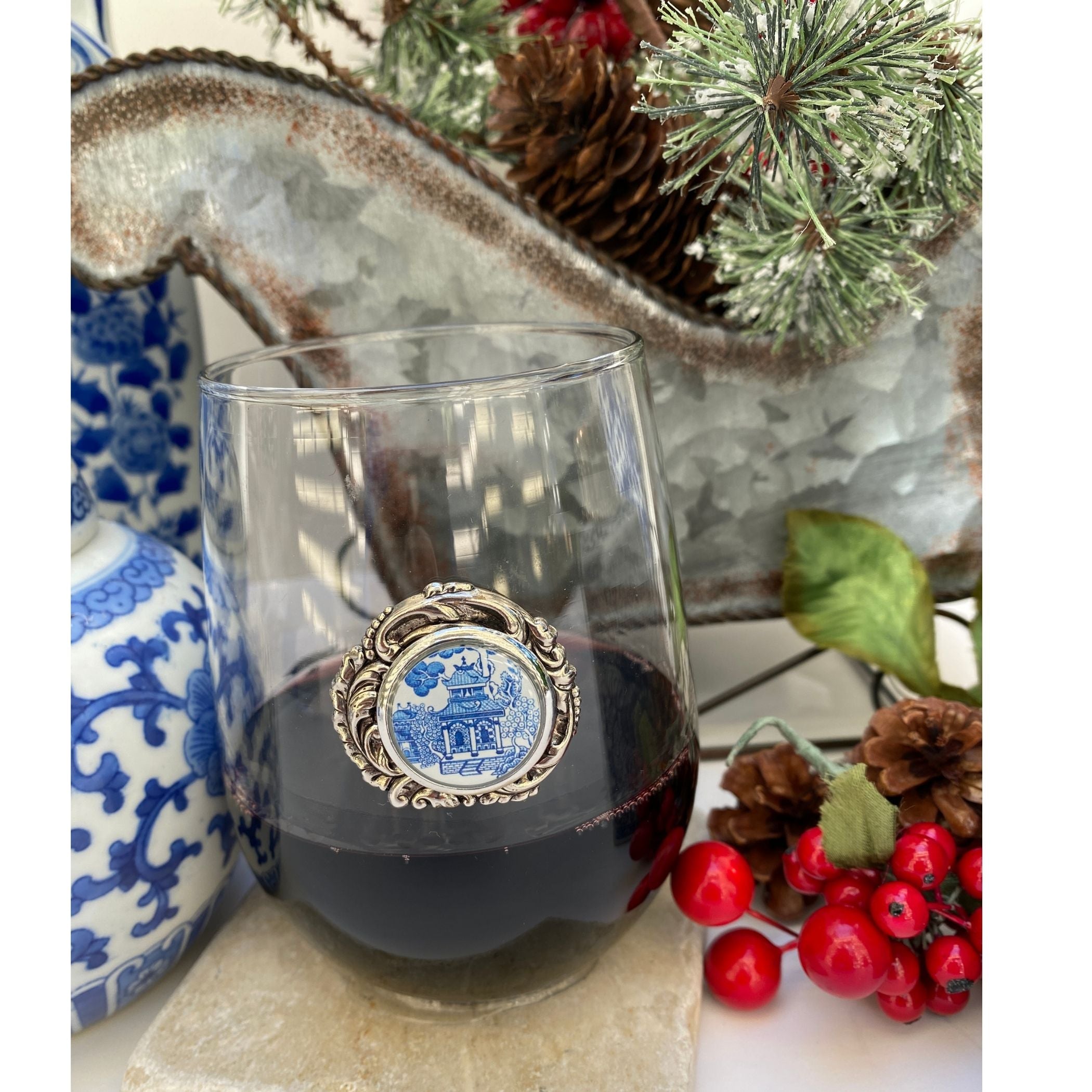 Stemless Glass Silver Medallion & Blue Chinoiserie Design