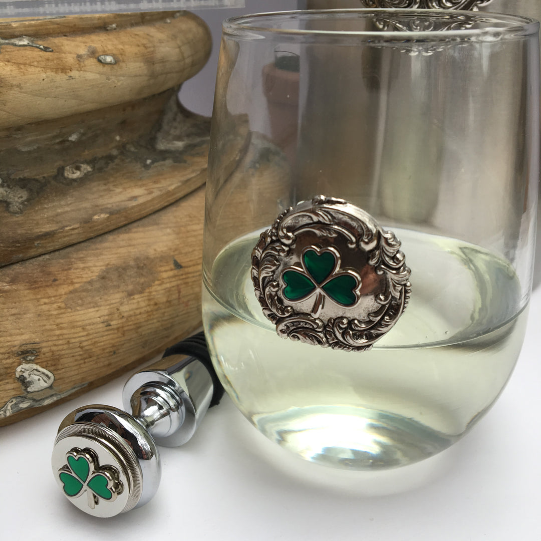 Irish Stemless Wine Glass with Green Shamrock