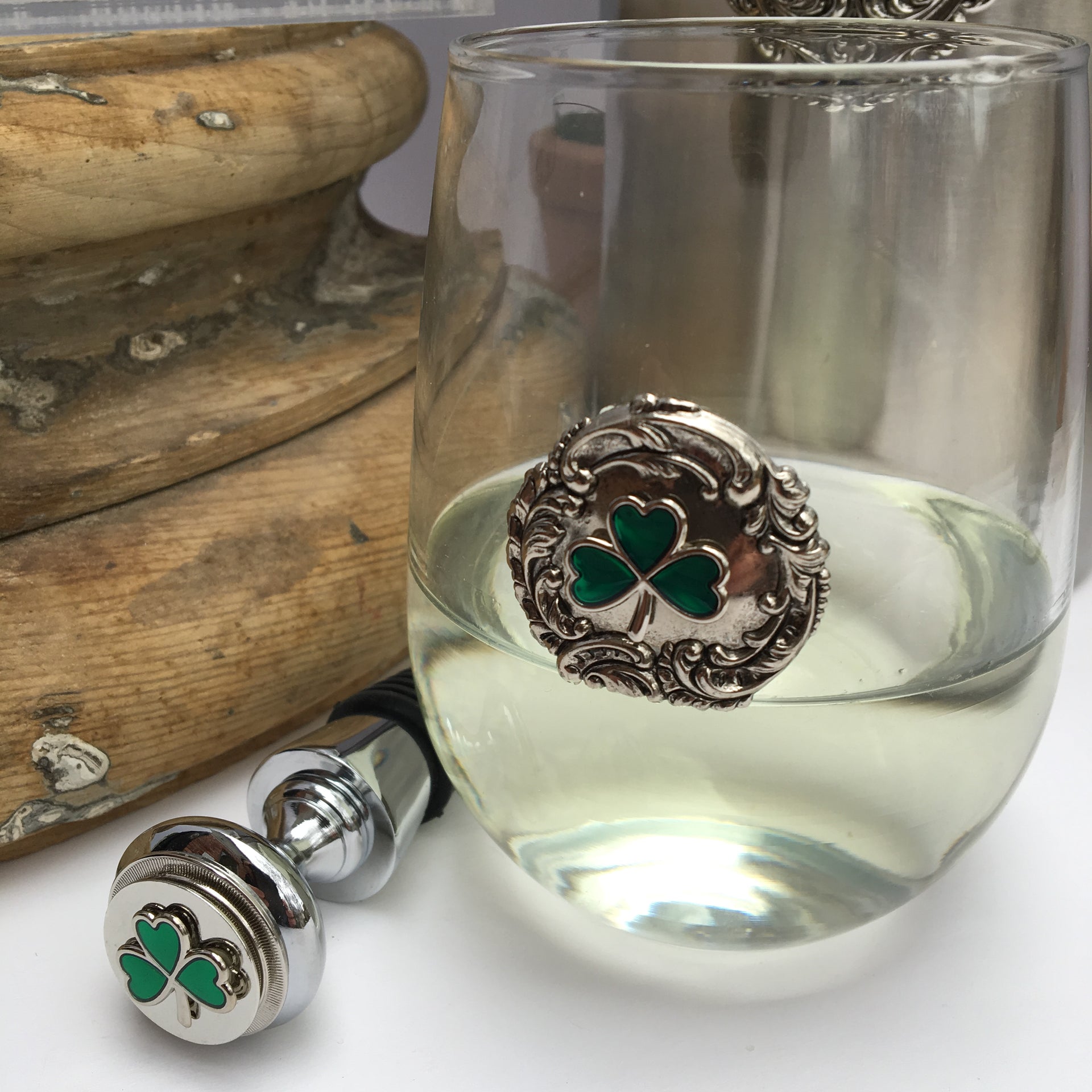 Irish Stemless Wine Glass with Green Shamrock