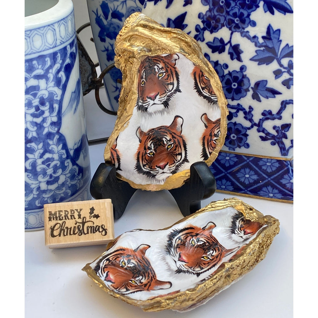 Tiger Face Oyster Shell Art | Tiger Home Decor | Tiger Football Fan Gift