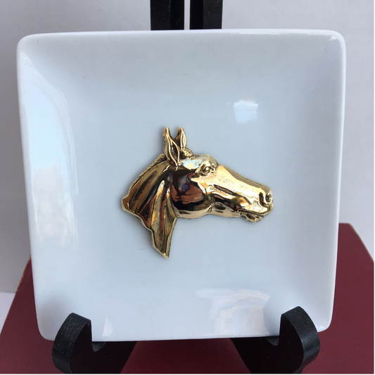 Trinket Tray, White Porcelain Dish,  Gold Horse Head