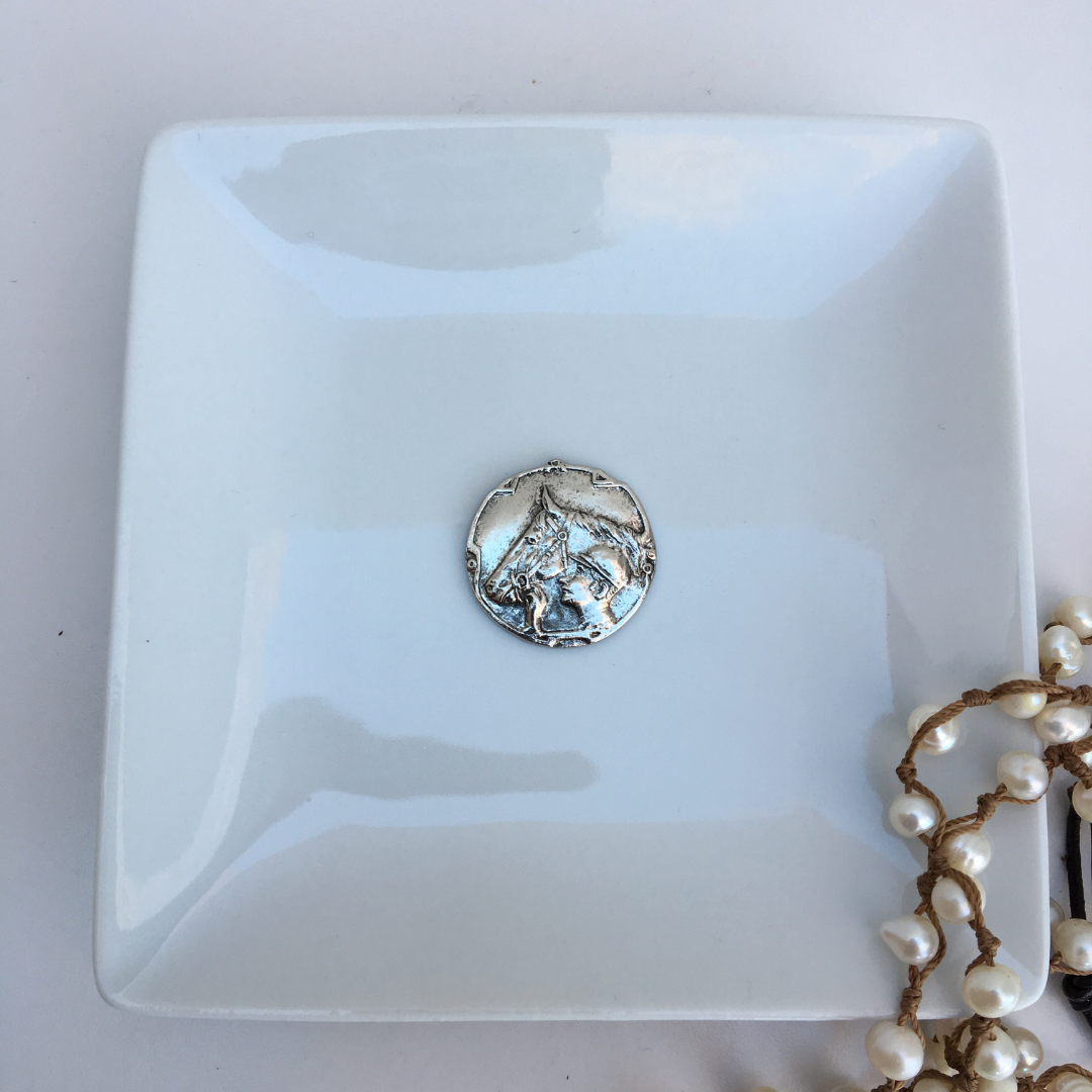 Trinket Tray, White Porcelain Dish,  Silver Racehorse Jockey Medallion