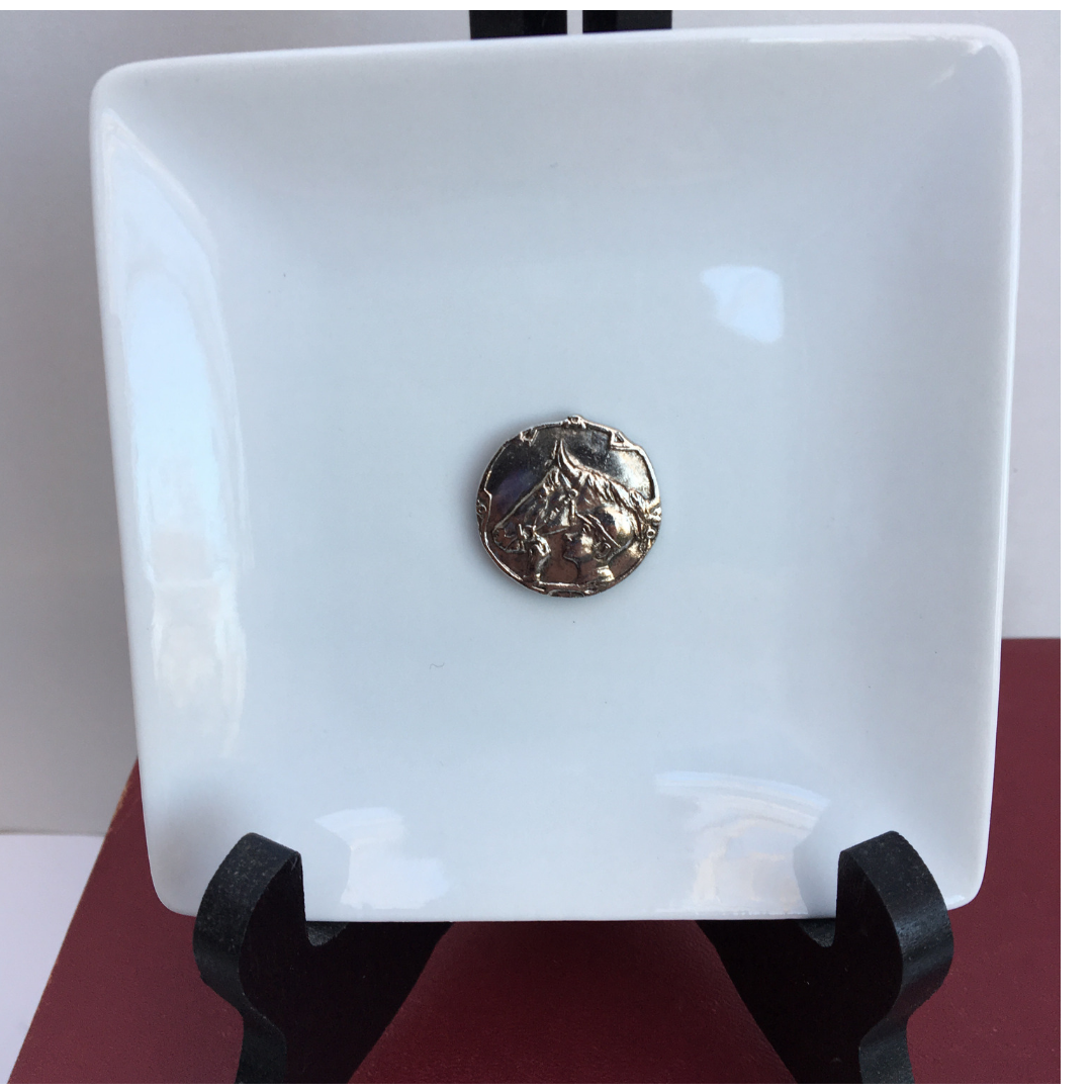 Trinket Tray, White Porcelain Dish,  Silver Racehorse Jockey Medallion