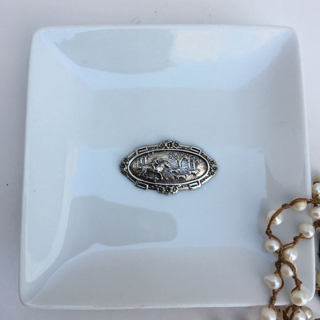 Trinket Tray, White Porcelain, Horse and Hounds,  Silver Medium Medallion