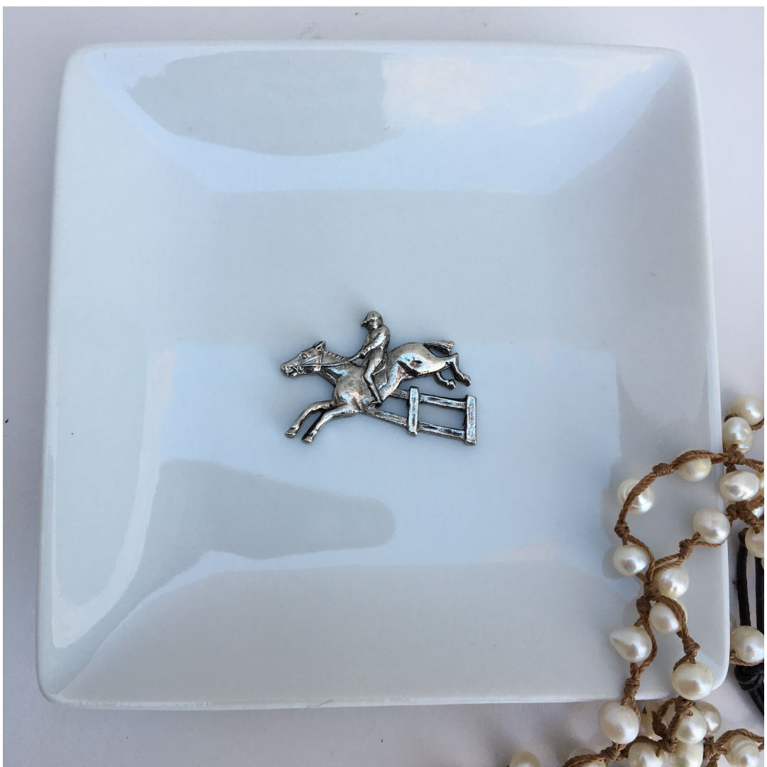 Trinket Tray, White Porcelain Dish,  Silver Horse Jumper Medallion