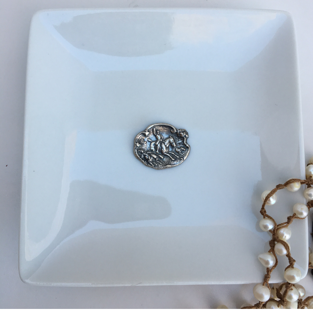 Trinket Tray,  White Porcelain Dish,  Small Silver Horse and Hounds Medallion